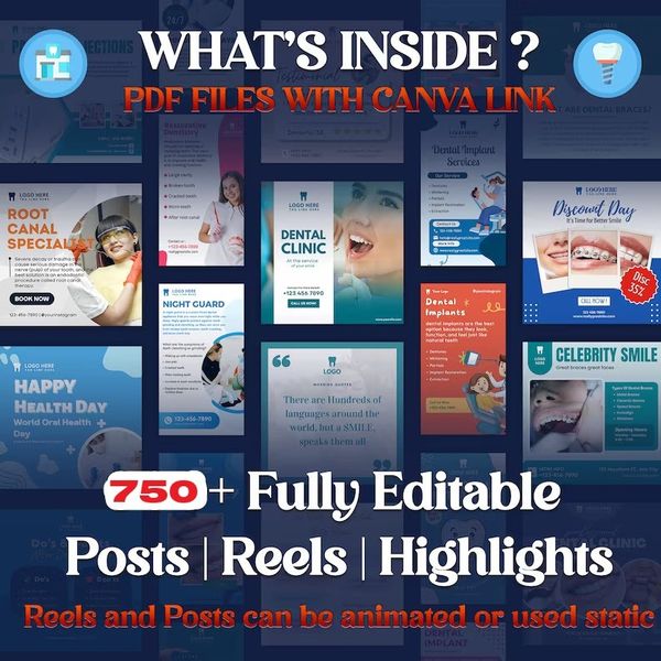 750+ Editable  Social Media Video Templates  For  Dentist ( Instagram Reels, Post & Stories )